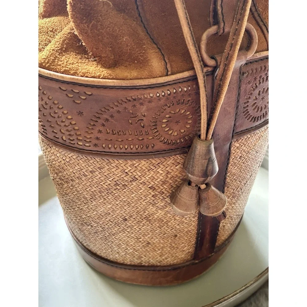 Vintage French Leather Trimmed Wicker‎ Bucket Bag Backpack